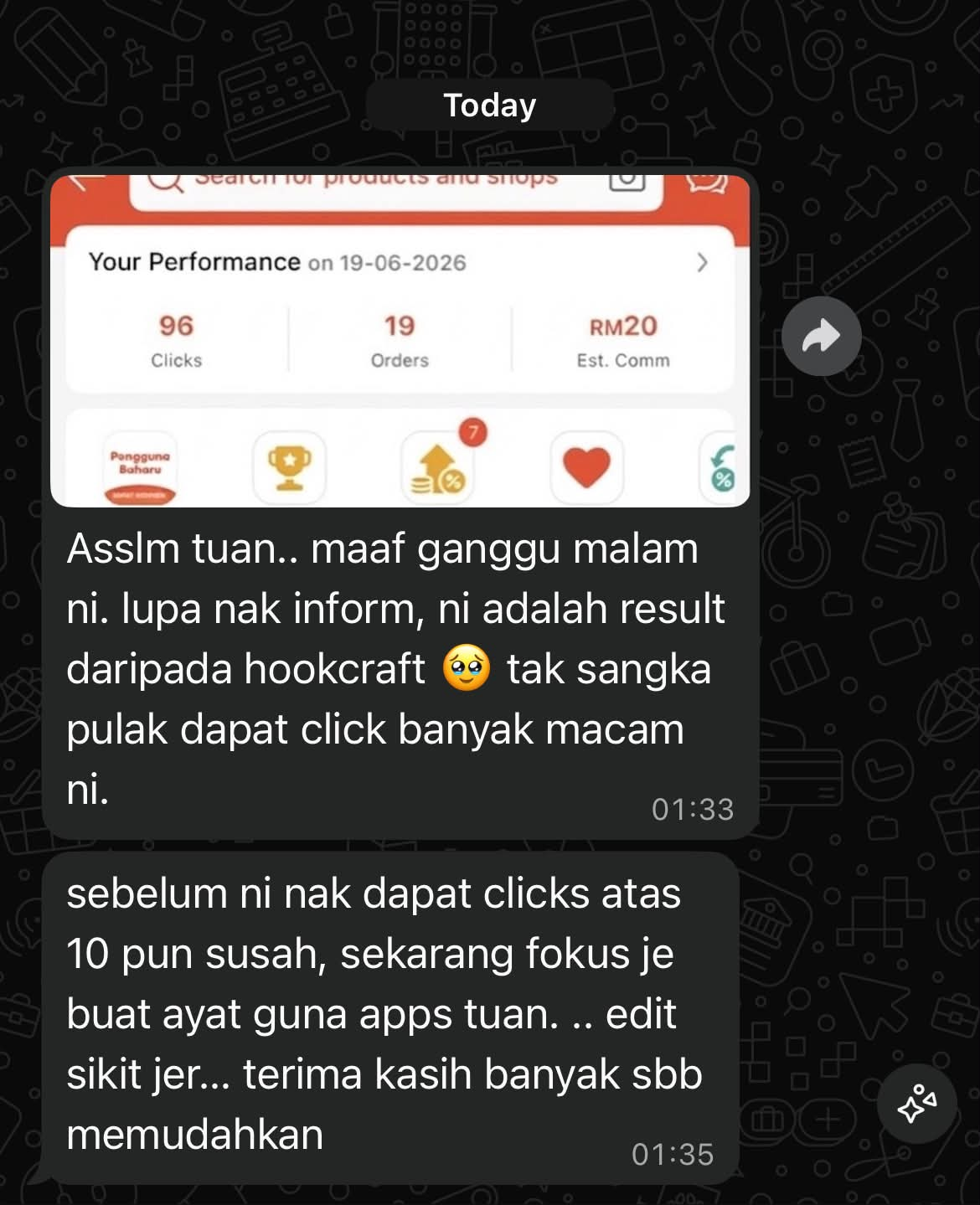 Result affiliate menggunakan HookCraft