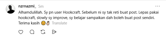 Feedback pengguna HookCraft improve posting